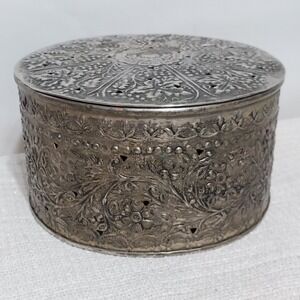Metal Round‎ Trinket Box with Lid Container Canister India Cutout 4"x7.5"